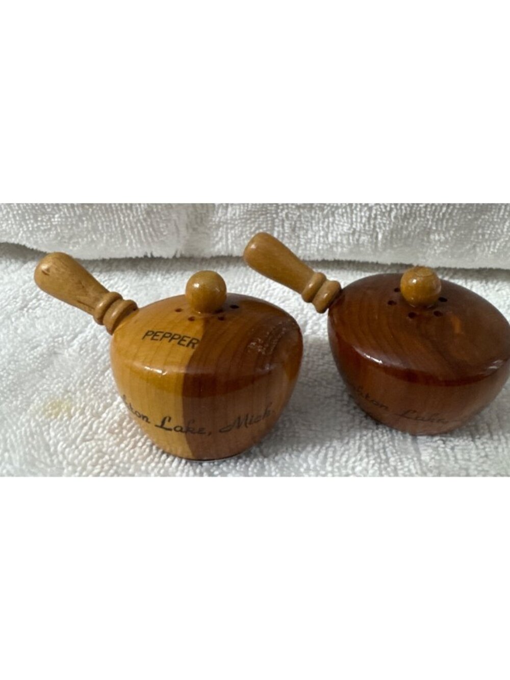 Novelty Salt & Pepper Shakers Houghton Lake MI Wooden Pots